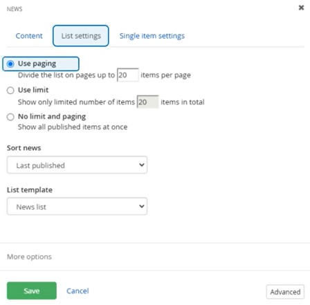 news widget list settings