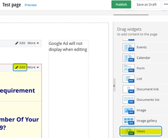 page widget edit news
